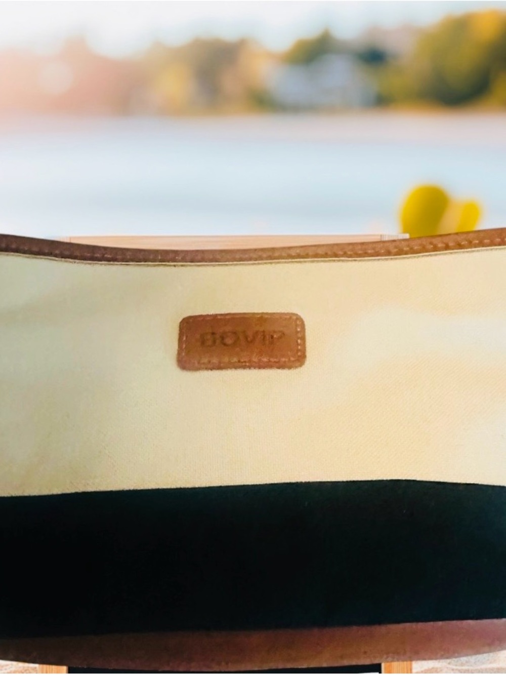 Ovi Cream and Black Canvas Tote with Brown Leather Trim